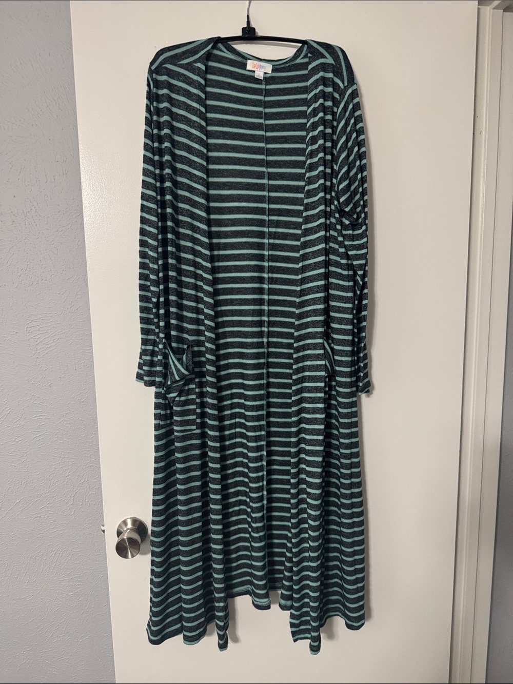 LuLaRoe Striped Long Open Cardigan - Teal & Dark Heather Gray